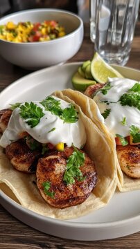 Spicy shrimp tacos with mango salsa and lime crema for menu and social media food background and restaurant banner design