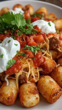 Close up of tater tot nachos with seasoned beef, pico de gallo and sour cream served in a white bowl for recipe and menu use
