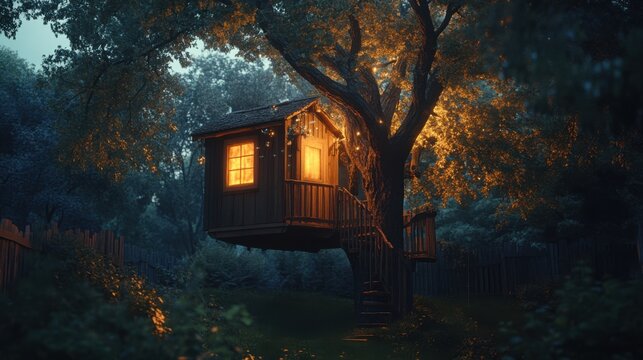 Glowing wooden treehouse in a dark forest. Cozy backyard cabin illuminated at night.
