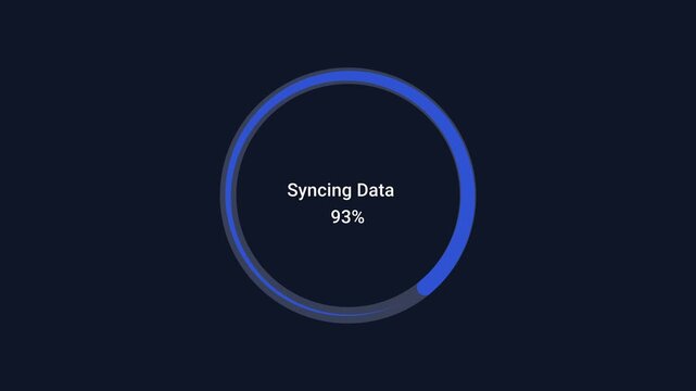 Minimal animated circular progress ring displaying data sync status and percentage on a dark background. Modern motion graphic for synchronization, cloud services, loading, and technology interfaces.
