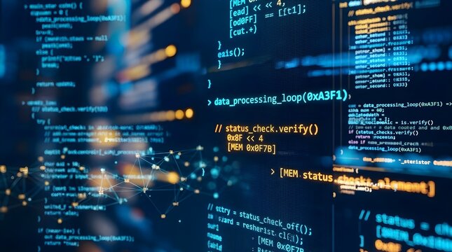 Futuristic digital background featuring complex computer programming code and software development scripts in blue tones for technology concepts