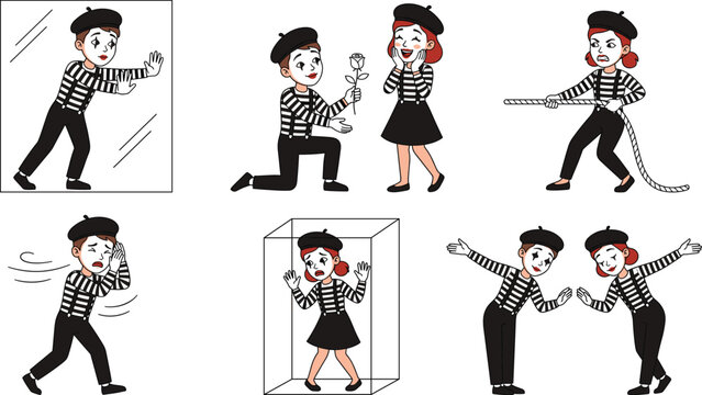 Mime Artist Character Set Posing in Glass Box Pushing Invisible Wall Pulling Rope and Offering Rose Vector Illustration Collection