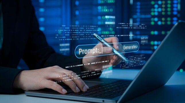 Programmer typing artificial intelligence prompt on laptop with digital interface in server room concept