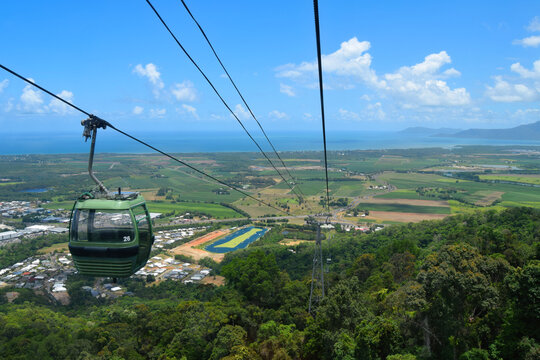 Scenic view of Skyrail Rainforest Cableway gliding over the World Heritage tropical rainforest in Cairns, Australia