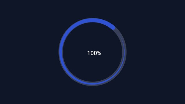 Minimal animated circular progress ring filling from 0 to 100 percent before displaying a completed status on a dark background. Modern motion graphic for loading, task completion, processing, and tec