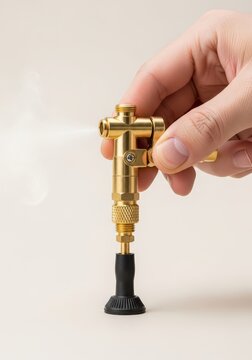 Hand holding a brass air chuck connector attached to a black hose, demonstrating a secure fitting for pressure systems.