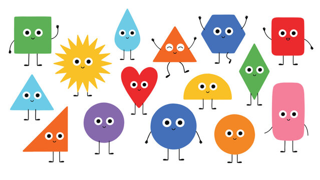 Cute basic geometric shapes characters set for kids education funny faces vector illustration