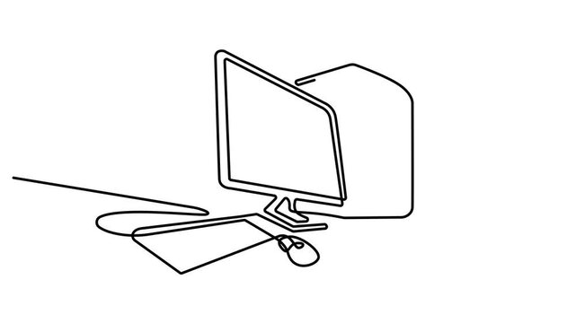 Animated self drawing of Desktop computer with monitor and mouse continuous line drawing isolated on white background, Full length one line animation. 4K video