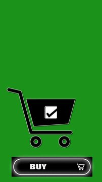 Vertical motion graphic animation of a black shopping cart icon with checkmark box and animated Buy Now call to action button on chroma key green screen background.