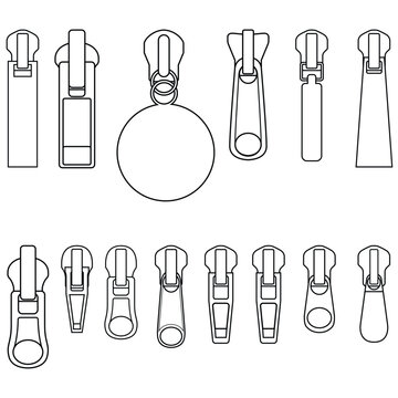 Zipper puller and slider collection vector technical flat sketch set for fashion design.