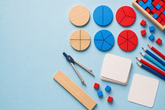 Back to school fraction geometry learning kit with wooden circles cubes pencils and blank cards