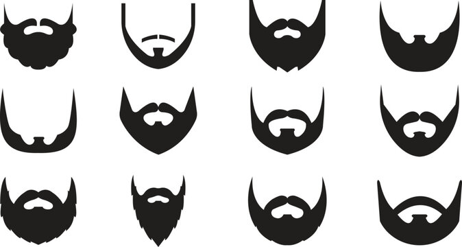 Beard Icons Collection Set Group Modern Fill Black Beard and Facial Hair Vector Set Minimal Solid Barber, Grooming and Men's Style Icons for Web, App and UI Design Isolated on transparent background