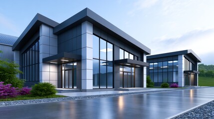 Fototapeta premium Modern two-story buildings with glass facades, sleek design; surrounded by greenery under a cloudy sky
