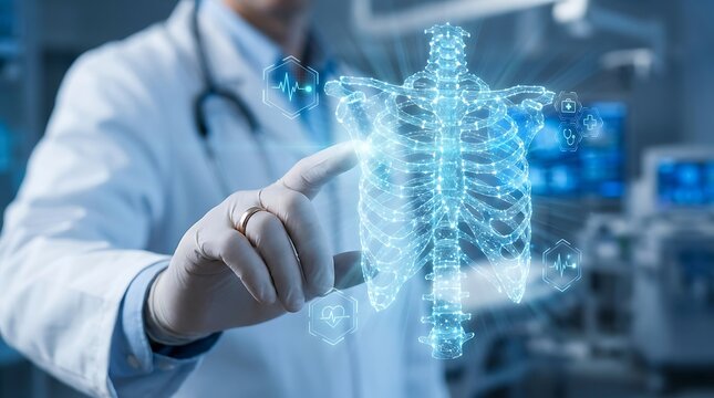 Doctor interacting with a 3d digital holographic projection of a human rib cage and spine in a hightech medical laboratory environment
