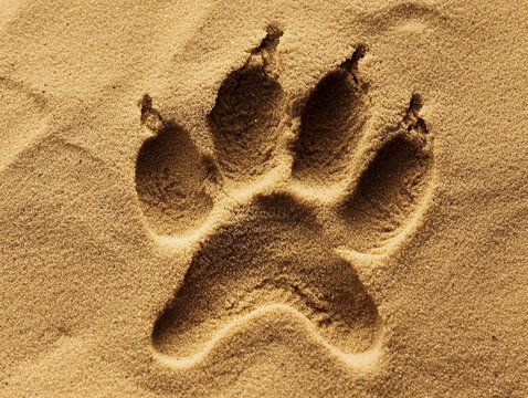Close-up of a distinct animal paw print deeply impressed in fine-grained, golden-brown sand, showing clear pads