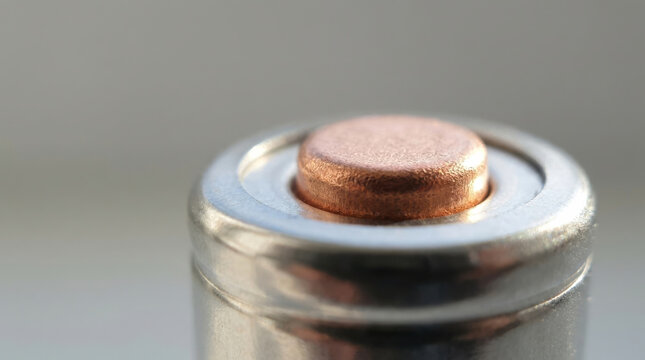 Copper terminal on lithium battery close up with metallic surface and soft background light