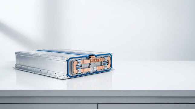 Electric vehicle battery module with metal casing and copper connectors on white surface in bright setting