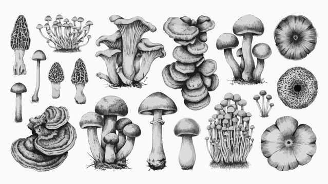 Vintage edible mushrooms sketch collection set with morel chanterelle and enoki engraving vector illustration