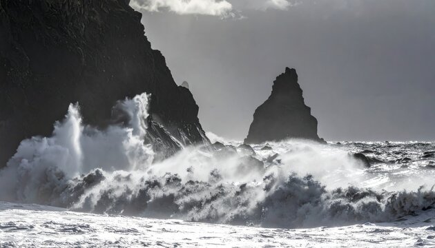 Powerful ocean waves crash against dramatic coastal rocks under a stormy, cloudy sky, showcasing nature's raw force.