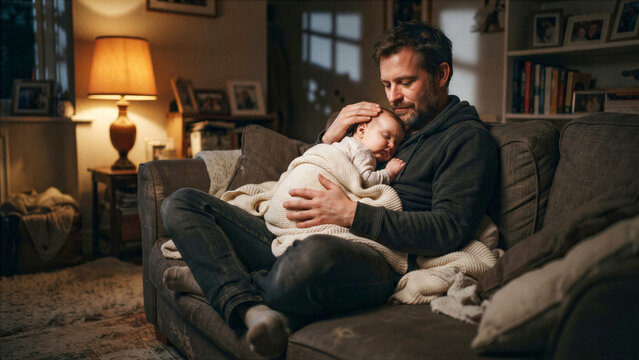A single dad with PTSD sitting on a sofa, his baby sleeping across his chest, looking down at the infant with love, warm dramatic lamp glow.