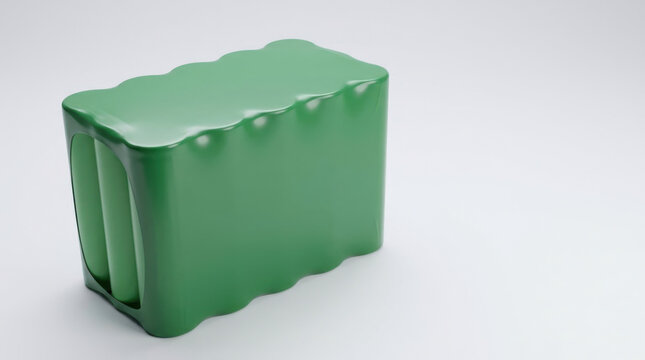 Green plastic shrink wrap pack with six cans inside on white background, clean packaging with smooth surface and soft lighting