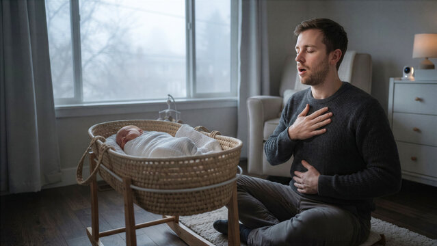 A young father with anxiety practicing breathing exercises next to his sleeping baby bassinet, misty morning window background.