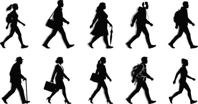 People walking silhouettes set with accessories, backpacks