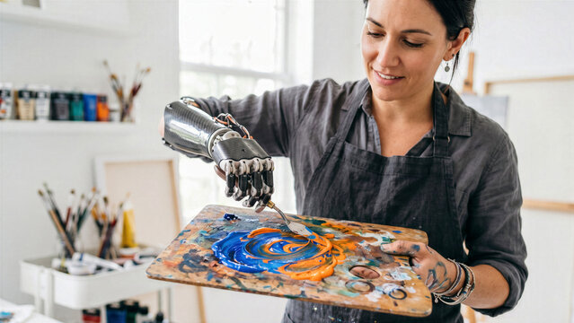 Talented painter with an upper limb prosthetic mixing bright acrylic paints on a wooden palette in a white studio