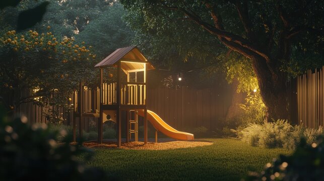 Childrens wooden playground in a backyard. Kids play set with slide in a garden at night.