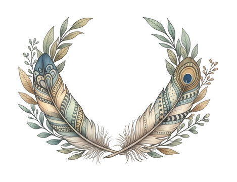 Peacock feather wreath elegant decorative circle frame. Luxury ornate boho chic illustration for invitations and crafts.