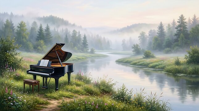 A grand piano sits peacefully on a lush, grassy riverbank in a misty, serene forest landscape at dawn, creating a tranquil and artistic atmosphere