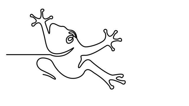 Animated self drawing of Continuous single line drawing of a cute jumping frog silhouette isolated on a white background. Full length one line animation. 4K video