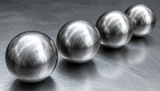 Three polished metal spheres with reflective surfaces arranged on a textured metallic background