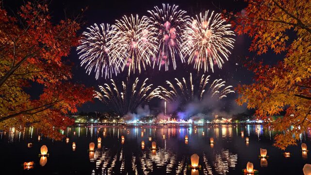 Fireworks and floating lanterns over water with autumn leaves