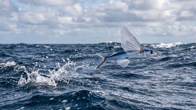 Flying fish gliding above the surface of the blue ocean water