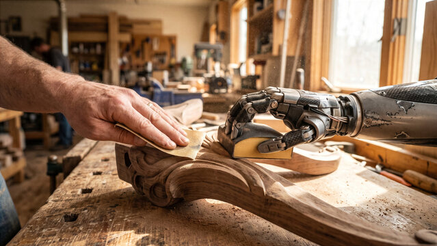 Close up of hands with a bionic arm prosthetic using fine sandpapers to smooth an artistic wooden handmade chair edge