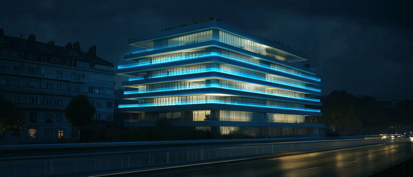 Contemporary building illuminated with vibrant blue accent lights at night, alongside a street with traffic light trails