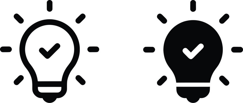black bulb with checkmark like quick tip icon. flat stroke linear simple trend modern efficiency logotype design element isolated on white background. Light bulb idea icon set outline solid.          