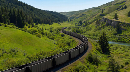 Fototapeta premium Long coal freight train winding through a lush green valley landscape