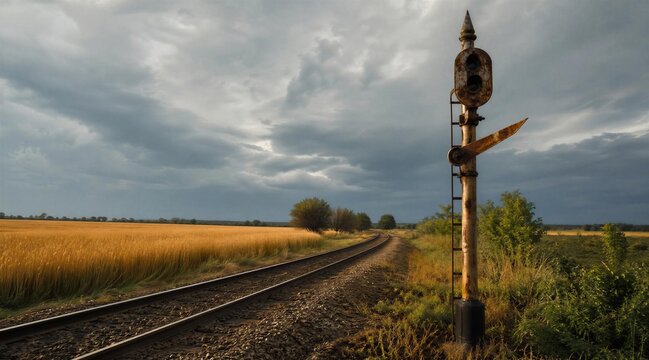 Vintage railway signal by railroad tracks through wheat field