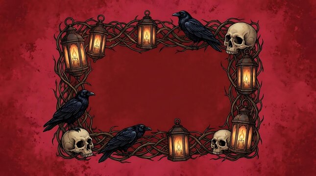 Gothic frame with skulls crows and vintage lanterns.