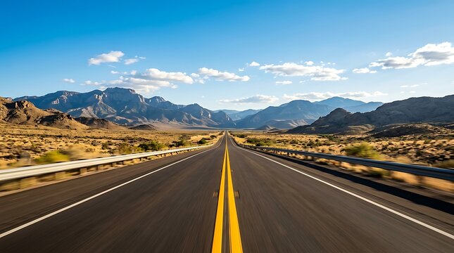 Empty asphalt road leading to distant mountains under a clear blue sky with scattered clouds, capturing a sense of adventure and travel in a desert landscape