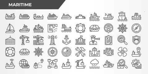 Maritime Line Icons Set – Ship, Boat and Ocean Navigation Outline Symbols © Artixa