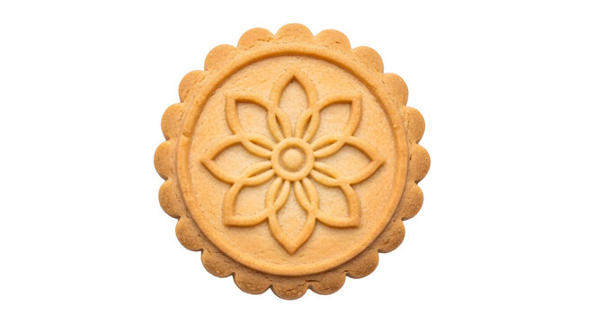 Round butter biscuit with embossed floral pattern as PNG cutout