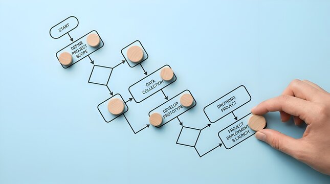 Hand Arranging Wooden Blocks on Business Process Flowchart Diagram over Blue Background, Project Management, Strategy Planning, and Workflow Automation Concept
