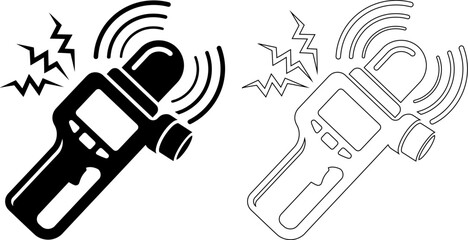 Minimalist handheld sound level meter and noise detector vector icons featuring alarm signals in black solid and outline styles for acoustic testing and measurement. © Shah Hasanuzzaman
