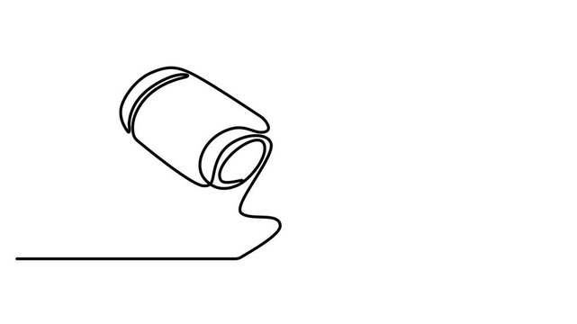 Animated self drawing of Continuous single line drawing of a pill bottle with a single capsule medicine pill isolated on a white background. Full length one line animation. 4K video