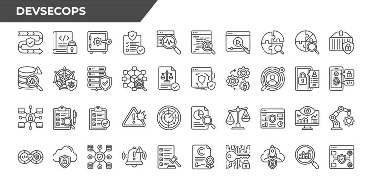 DevSecOps Line Icons Set &ndash; Security, Automation and Compliance Outline Symbols for Software Development