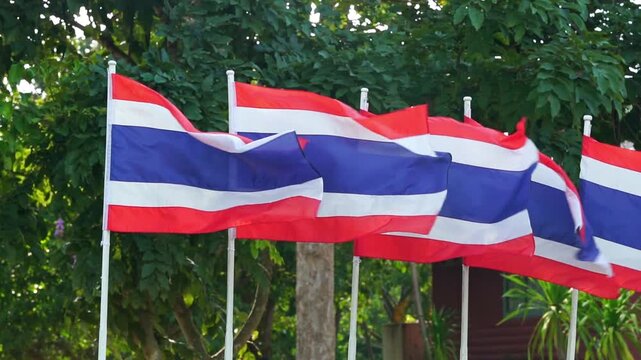 National flag of Thailand waving in the wind with green trees in background
