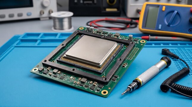 Computer processor on a repair mat. AI accelerator chip being serviced in electronics lab.